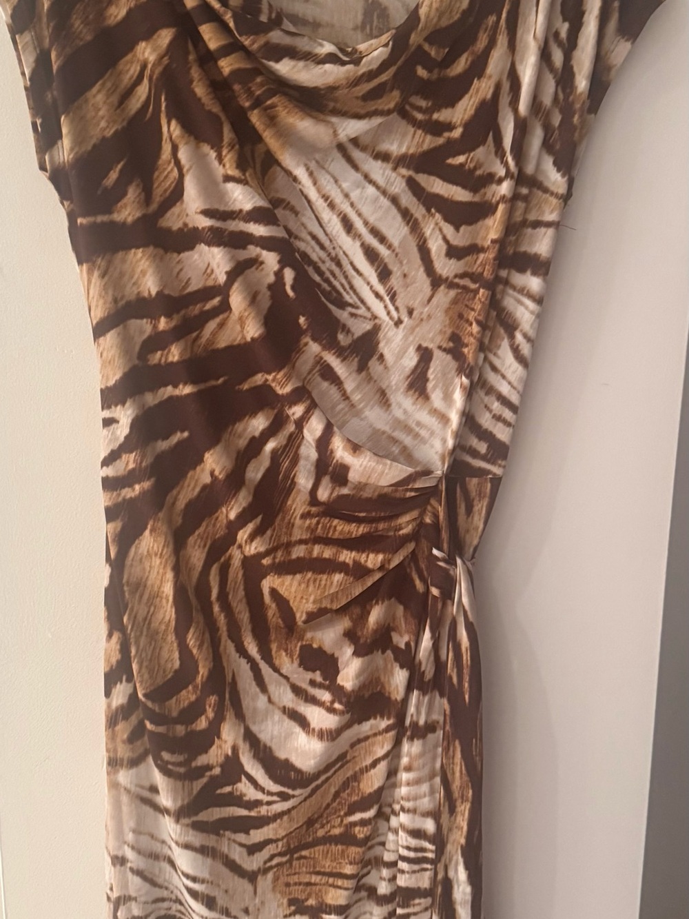 Jones New York Animal Print Drape Dress in Brown and Cream with wrap around belt